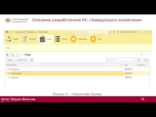 Описание разработанной ИС «Заведующего хозяйством» Автор: Ширдин Вячеслав Иванович Рисунок 11 – «Подсистема «Склад».