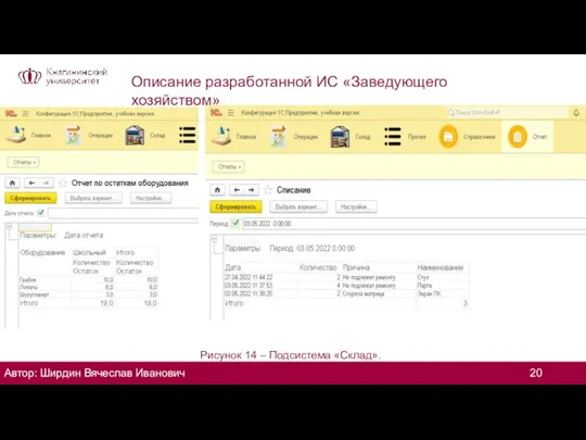 Описание разработанной ИС «Заведующего хозяйством» Рисунок 14 – Подсистема «Склад». Автор: Ширдин Вячеслав Иванович