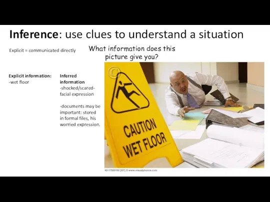 Inference: use clues to understand a situation What information does this picture
