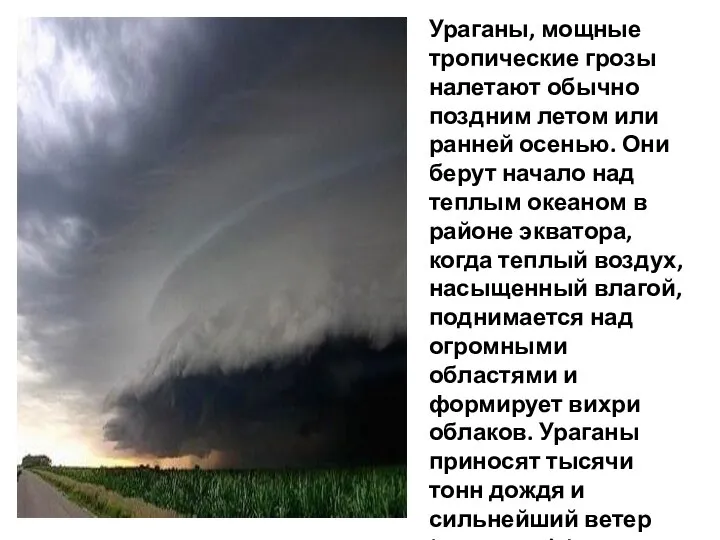 Ураганы, мощные тропические грозы налетают обычно поздним летом или ранней осенью. Они