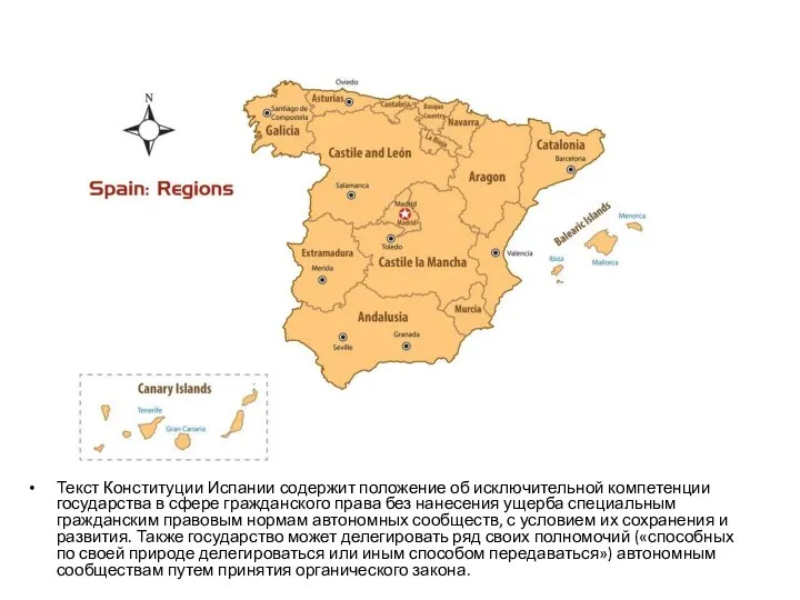 Текст Конституции Испании содержит положение об исключительной компетенции государства в сфере гражданского