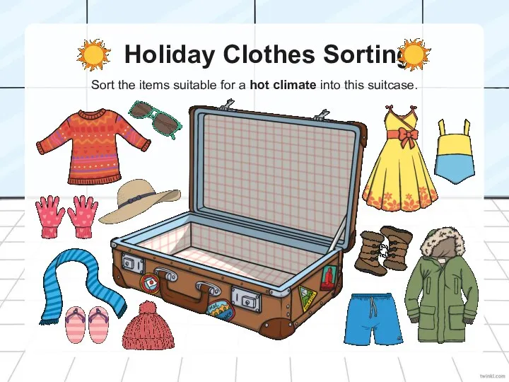 Holiday Clothes Sorting Sort the items suitable for a hot climate into this suitcase.