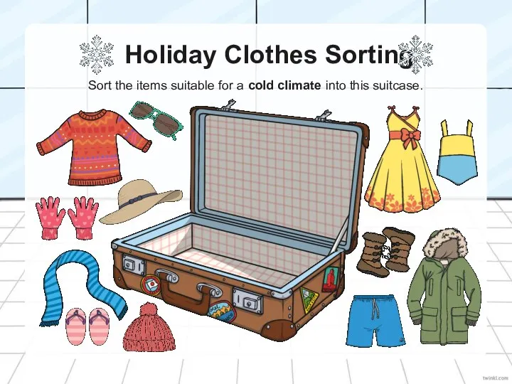 Holiday Clothes Sorting Sort the items suitable for a cold climate into this suitcase.