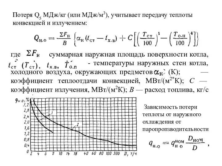 Потеря Q5 МДж/кг (или МДж/м3), учитывает передачу теплоты конвекцией и излучением: где