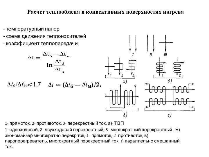 Расчет теплообмена в конвективных поверхностях нагрева - температурный напор - схема движения