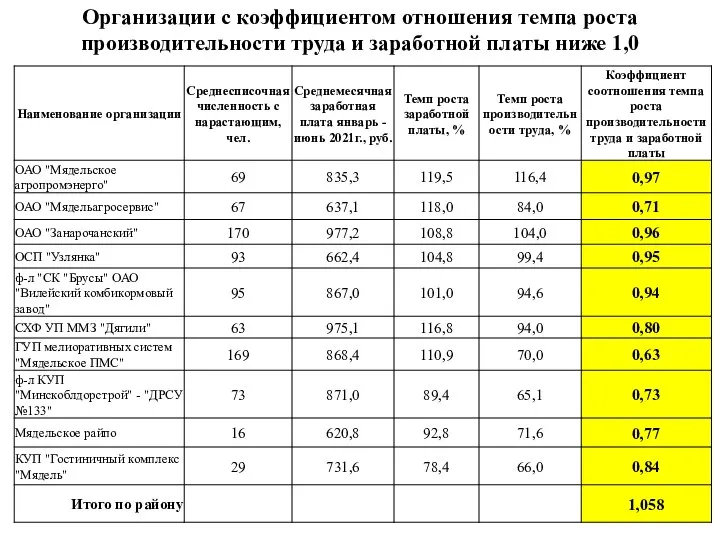 Организации с коэффициентом отношения темпа роста производительности труда и заработной платы ниже 1,0