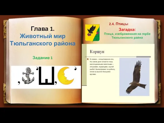 2.4. Птицы Глава 1. Животный мир Тюльганского района Задание 1 Загадка: Птица,