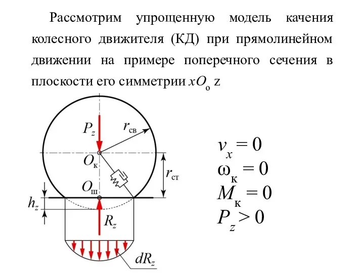 Рассмотрим упрощенную модель качения колесного движителя (КД) при прямолинейном движении на примере