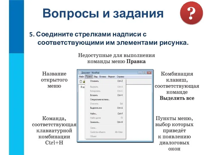 Вопросы и задания ? 5. Соедините стрелками надписи с соответствующими им элементами рисунка.