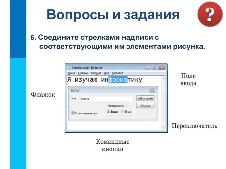 Вопросы и задания ? 6. Соедините стрелками надписи с соответствующими им элементами рисунка.