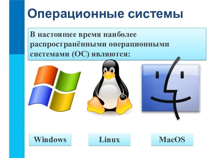 Операционные системы MacOS Linux Windows В настоящее время наиболее распространёнными операционными системами (ОС) являются: