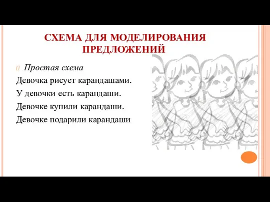 СХЕМА ДЛЯ МОДЕЛИРОВАНИЯ ПРЕДЛОЖЕНИЙ Простая схема Девочка рисует карандашами. У девочки есть