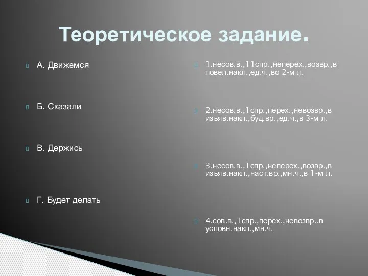 А. Движемся Б. Сказали В. Держись Г. Будет делать 1.несов.в.,11спр.,неперех.,возвр.,в повел.накл.,ед.ч.,во 2-м