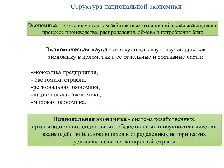 Структура национальной экономики Экономика – это совокупность хозяйственных отношений, складывающихся в процессе