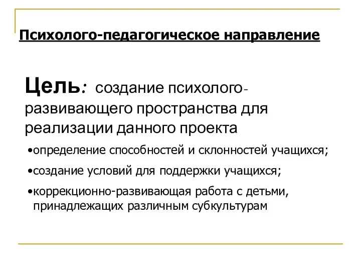 Психолого-педагогическое направление Цель: создание психолого-развивающего пространства для реализации данного проекта определение способностей