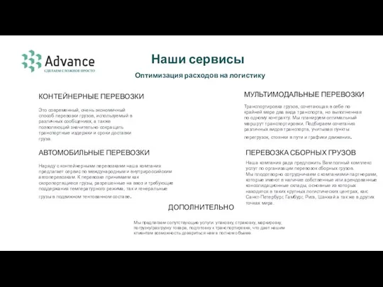 Наши сервисы КОНТЕЙНЕРНЫЕ ПЕРЕВОЗКИ МУЛЬТИМОДАЛЬНЫЕ ПЕРЕВОЗКИ АВТОМОБИЛЬНЫЕ ПЕРЕВОЗКИ ПЕРЕВОЗКА СБОРНЫХ ГРУЗОВ ДОПОЛНИТЕЛЬНО