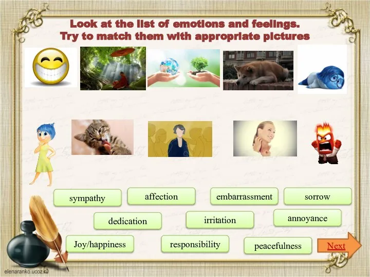 Look at the list of emotions and feelings. Try to match them