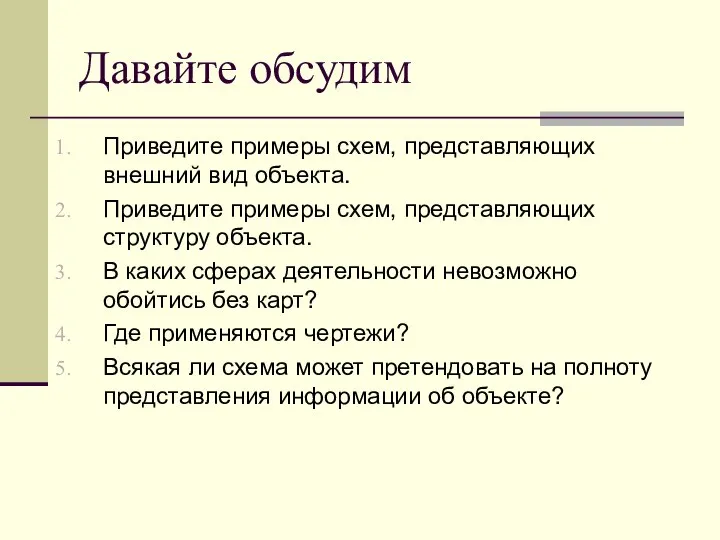 Давайте обсудим Приведите примеры схем, представляющих внешний вид объекта. Приведите примеры схем,