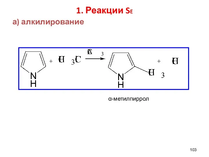 1. Реакции SE а) алкилирование α-метилпиррол