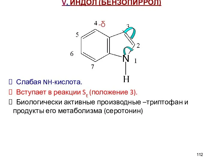 V. ИНДОЛ (БЕНЗОПИРРОЛ) -δ Слабая NH-кислота. Вступает в реакции SE (положение 3).