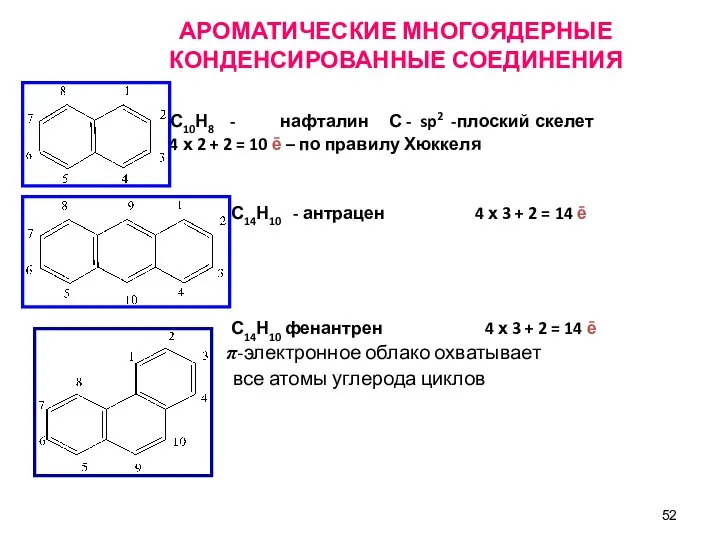 АРОМАТИЧЕСКИЕ МНОГОЯДЕРНЫЕ КОНДЕНСИРОВАННЫЕ СОЕДИНЕНИЯ С10Н8 - нафталин С - sp2 -плоский скелет