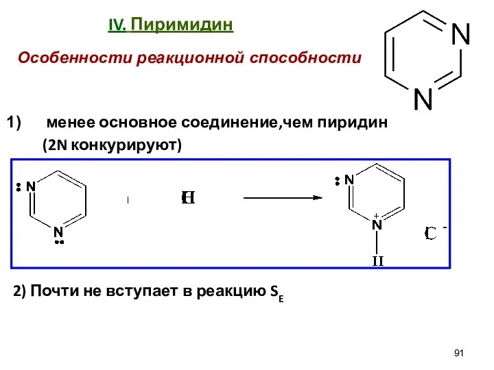 IV. Пиримидин менее основное соединение,чем пиридин (2N конкурируют) 2) Почти не вступает