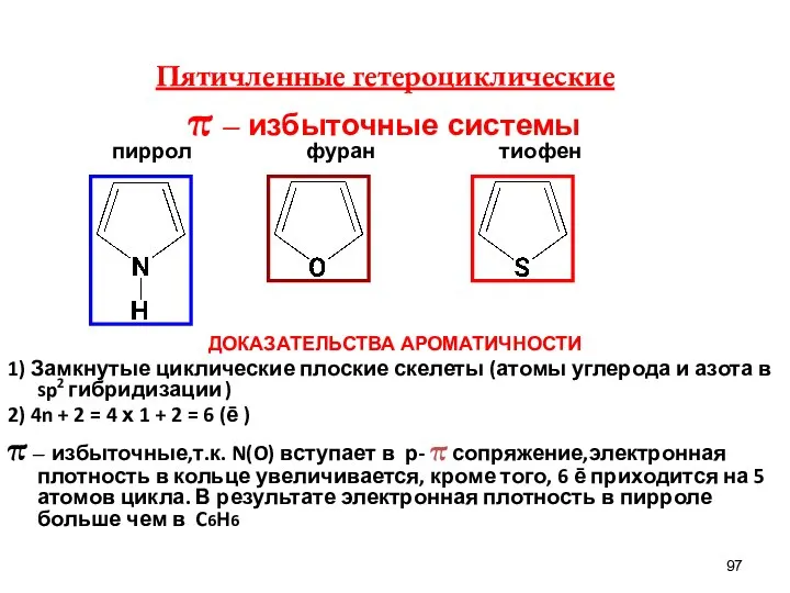 пиррол фуран тиофен ДОКАЗАТЕЛЬСТВА АРОМАТИЧНОСТИ 1) Замкнутые циклические плоские скелеты (атомы углерода