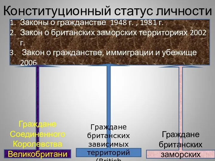 Конституционный статус личности Законы о гражданстве 1948 г. , 1981 г. Закон