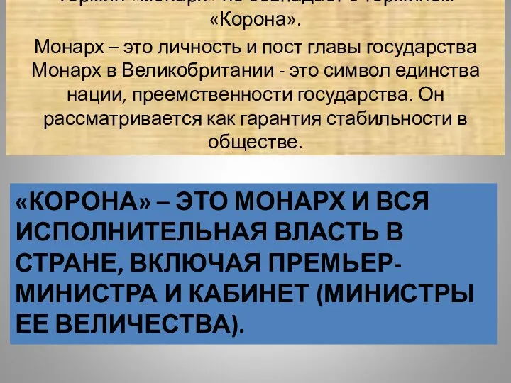 «КОРОНА» – ЭТО МОНАРХ И ВСЯ ИСПОЛНИТЕЛЬНАЯ ВЛАСТЬ В СТРАНЕ, ВКЛЮЧАЯ ПРЕМЬЕР-МИНИСТРА