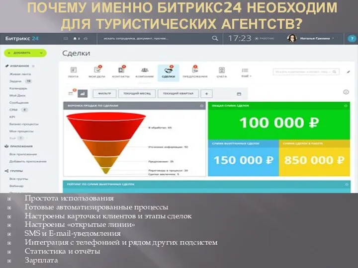 ПОЧЕМУ ИМЕННО БИТРИКС24 НЕОБХОДИМ ДЛЯ ТУРИСТИЧЕСКИХ АГЕНТСТВ? Простота использования Готовые автоматизированные процессы