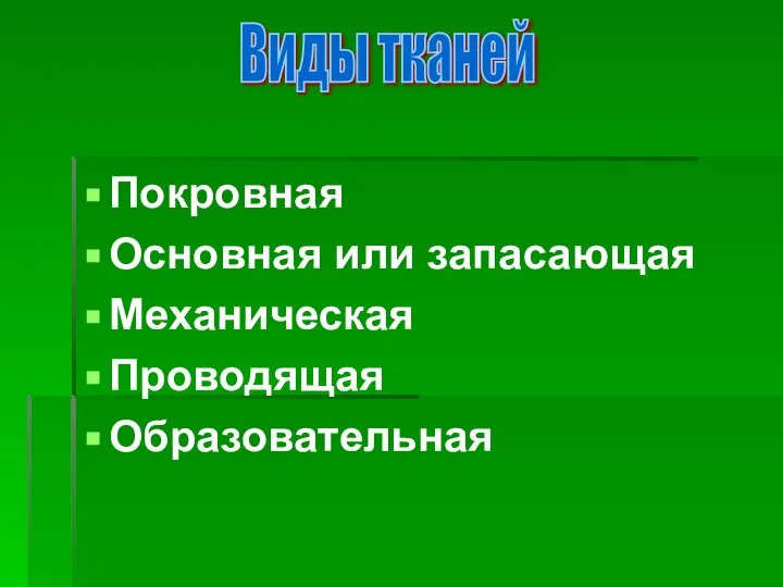 Покровная Основная или запасающая Механическая Проводящая Образовательная Виды тканей