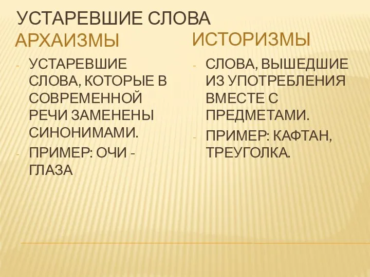 УСТАРЕВШИЕ СЛОВА АРХАИЗМЫ ИСТОРИЗМЫ УСТАРЕВШИЕ СЛОВА, КОТОРЫЕ В СОВРЕМЕННОЙ РЕЧИ ЗАМЕНЕНЫ СИНОНИМАМИ.