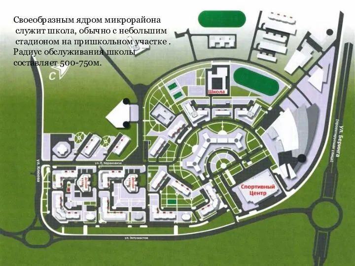 Своеобразным ядром микрорайона служит школа, обычно с небольшим стадионом на пришкольном участке