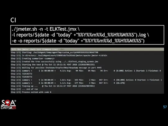 CI ./jmeter.sh -n -t ELKTest.jmx \ -l reports/$(date -d "today" +"%%Y%%m%%d_%%H%%M%%S").log \