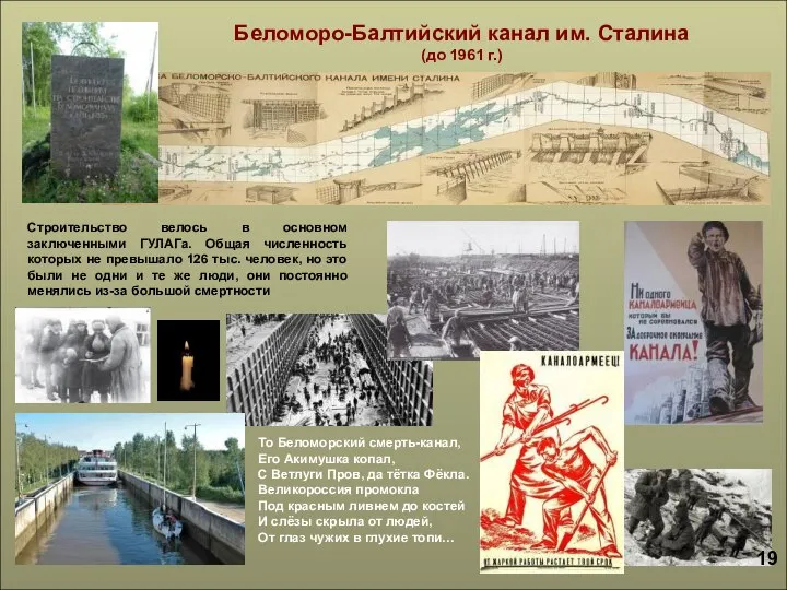 Беломоро-Балтийский канал им. Сталина (до 1961 г.) Строительство велось в основном заключенными