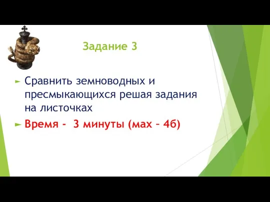 Задание 3 Сравнить земноводных и пресмыкающихся решая задания на листочках Время -