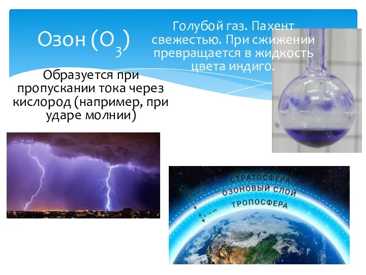 Озон (О3) Голубой газ. Пахент свежестью. При сжижении превращается в жидкость цвета