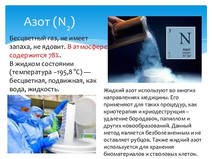 Азот (N2) Бесцветный газ, не имеет запаха, не ядовит. В атмосфере содержится