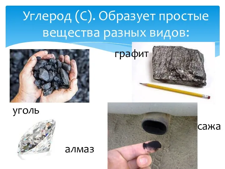 Углерод (С). Образует простые вещества разных видов: уголь алмаз графит сажа