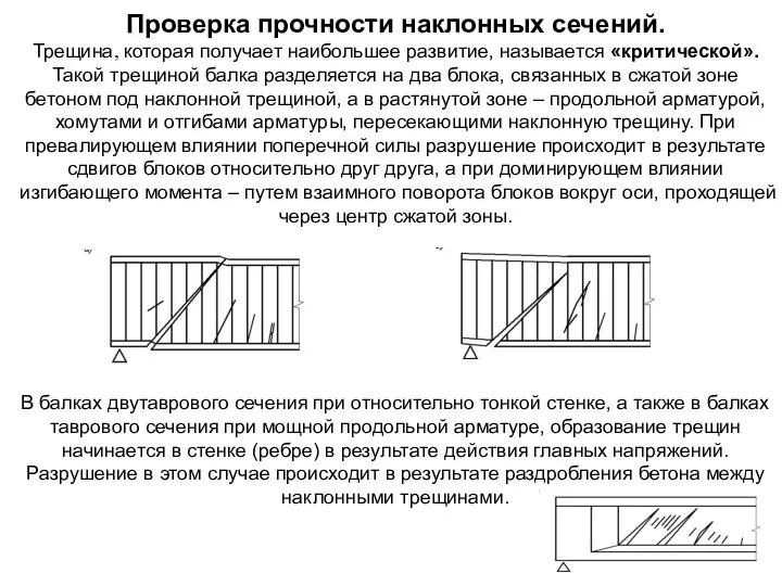 Проверка прочности наклонных сечений. Трещина, которая получает наибольшее развитие, называется «критической». Такой