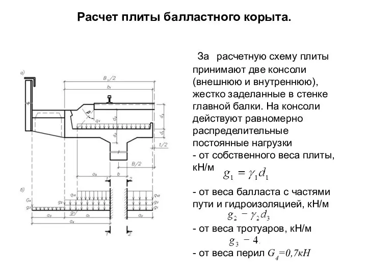 Расчет плиты балластного корыта. За расчетную схему плиты принимают две консоли (внешнюю