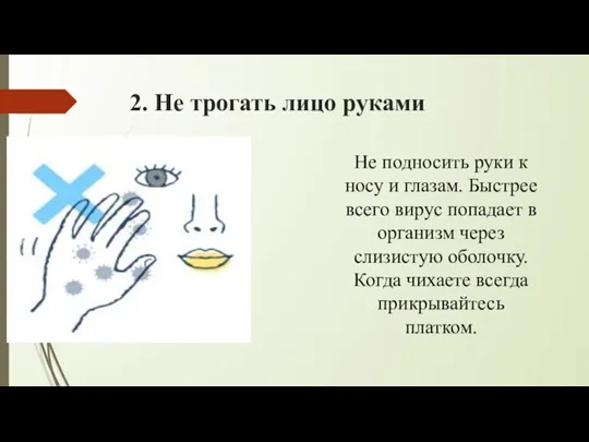 2. Не трогать лицо руками Не подносить руки к носу и глазам.