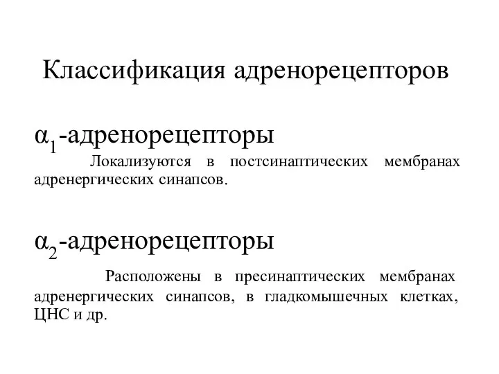 Классификация адренорецепторов α1-адренорецепторы Локализуются в постсинаптических мембранах адренергических синапсов. α2-адренорецепторы Расположены в