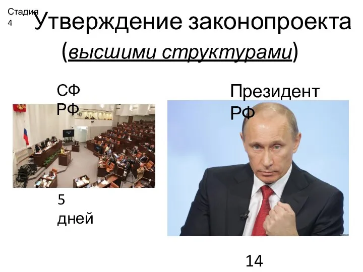 Стадия 4 Утверждение законопроекта (высшими структурами) СФ РФ 5 дней Президент РФ 14 дней