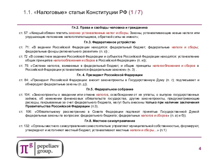 1.1. «Налоговые» статьи Конституции РФ (1 / 7) Гл.2. Права и свободы