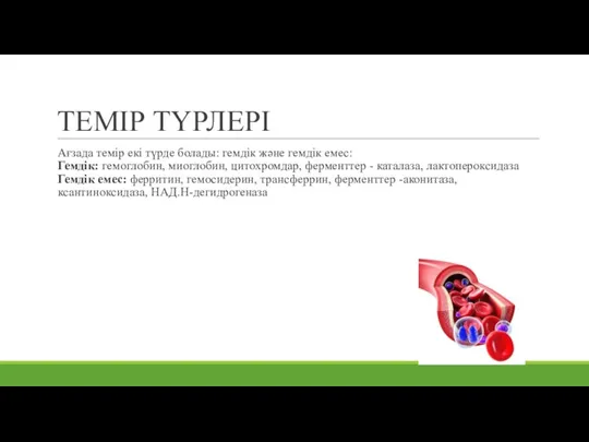 ТЕМІР ТҮРЛЕРІ Ағзада темір екі түрде болады: гемдік және гемдік емес: Гемдік: