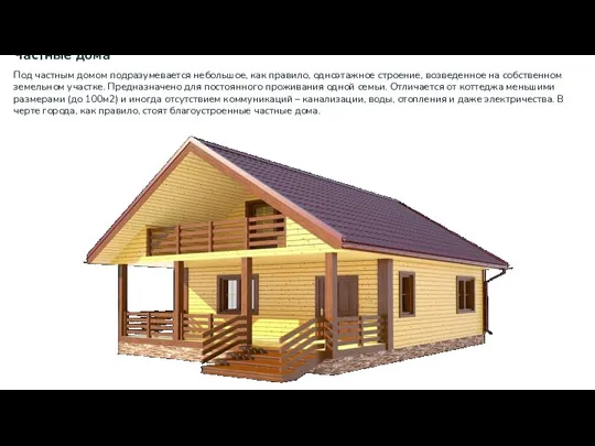 Частные дома Под частным домом подразумевается небольшое, как правило, одноэтажное строение, возведенное