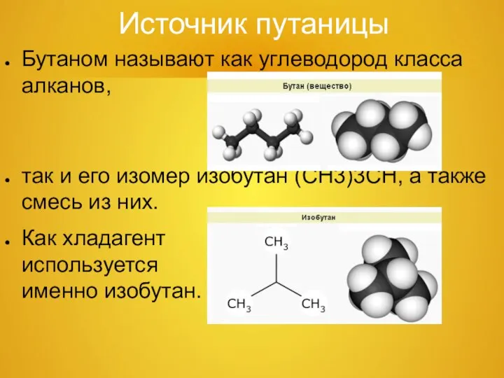 Источник путаницы Бутаном называют как углеводород класса алканов, так и его изомер