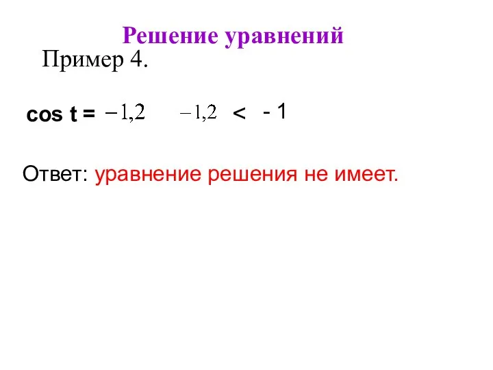 Решение уравнений Пример 4. cos t = Ответ: уравнение решения не имеет. - 1