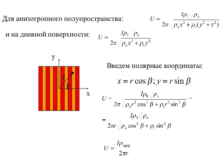 Для анизотропного полупространства: и на дневной поверхности: Введем полярные координаты: